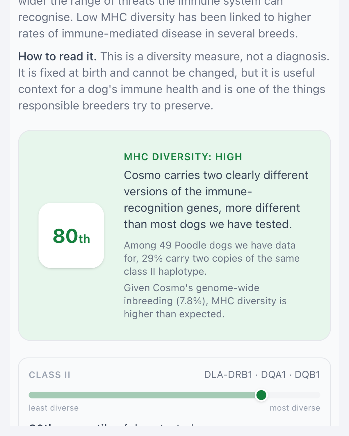 Immune gene diversity result: MHC diversity high, placing the dog at the 80th percentile with two clearly different versions of the immune-recognition genes